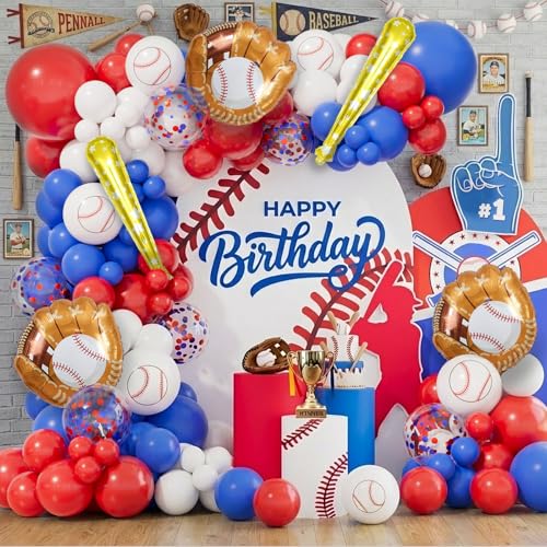 AobkDeco Baseball Balloon Garland Arch Kit Baseball Party Decorations with 143pcs Red White Blue Confetti Latex Balloons Baseball Foil Balloons for Baseball Theme Birthday Party Supplies Baby Shower