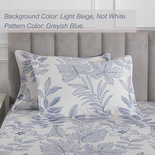 Image of Gray-Blue Floral Percale Sheets Queen Size, Hawaii Patterned, 4Pcs | Light Beige 100% Cotton Deep Pocket Sheet Set, Modern Farmhouse Neutral Flower Bed Sheets, Toile Bedding, Tropical Botanical
