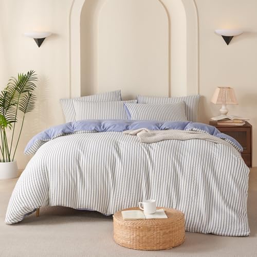 Image of Blue Striped Comforter Set Queen - 3 Pieces Bedding Comforter Set for All Season, Soft Lightweight Washed Microfiber, 1 Striped Comforter and 2 Pillowcases (Blue, Queen Size)