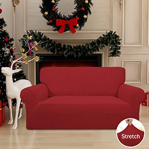 Image of Easy-Going Stretch Loveseat Slipcover 1-Piece Sofa Cover Furniture Protector Couch Soft with Elastic Bottom for Kids Polyester Spandex Jacquard Fabric Small Checks (Loveseat, Christmas Red)