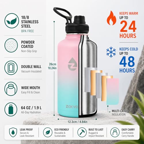 Miniatura 2 de Zakvop Botella Termica 2 Litros, Termo Acero Inoxidable Con Pajitas Y 3 Tapas, Botella Agua De Doble Pared Con Asa De Paracord, Botella Isotermica A Prueba De Fugas