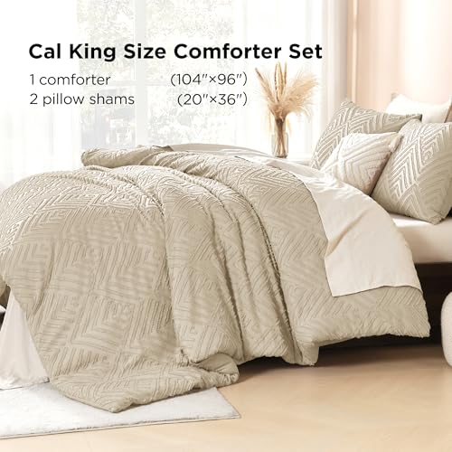 Image of Litanika California King Comforter Set Khaki, 3 Pieces Tufted Boho Farmhouse Bedding Comforter Sets, Lightweight Fluffy Comforter Bed Set All Season (104x96In Comforter & 2 Pillowcases)