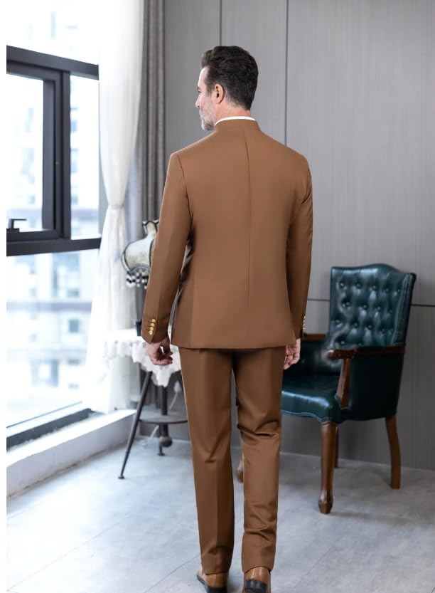 Men 2 Pieces Chinese Tunic Suit Mandarin Collar Suits for Men Gold Button Jacket Pant Set Traditional Wedding4