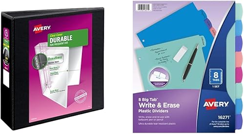 Avery Durable View - Carpeta de 3 anillos inclinados de 3 pulgadas, 1 carpeta negra (17041) y separadores de pestañas grandes de plástico duradero