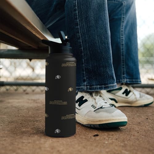 Image of Logo Brands NCAA Colorado Buffaloes Step & Repeat 34 oz Stainless Steel Quencher Bottle - All Over Logo Design, No-Spill Lid, Easy Carry Handle - Keeps Drinks Cold For Hours
