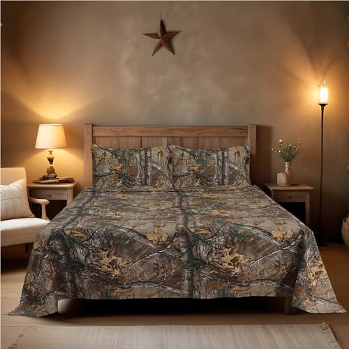 Image of Boston Linen Company Realtree Xtra Camo Bedding King Sheet Set 4 Piece Polycotton Rustic Farmhouse Bedding for Lodge, Cabin & Hunting Bed Set – Perfect for Outdoor Camouflage Bedroom - (78"x80")