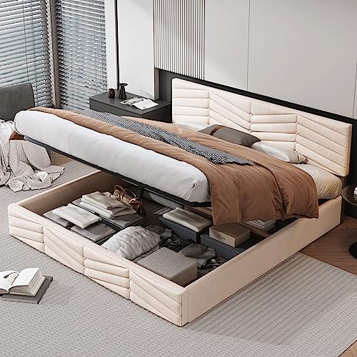 Gxffipw Doppelbett 180x200cm Mit Schubladen - PU-Leder Bett Mit LED-Beleuchtung & Stauraum