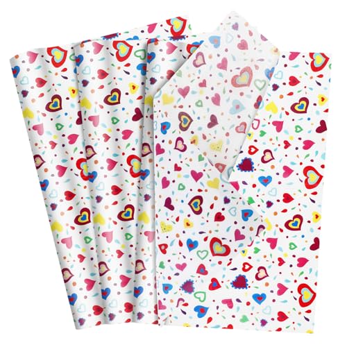 60 Sheets Gift Wrapping Tissue Paper Bulk Multicolour Hearts Printed Tissue Paper for Gift Bags Decorative Art Papers for DIY Crafts Valentines Day Wedding Birthday Baby Showers 20x14 Inches