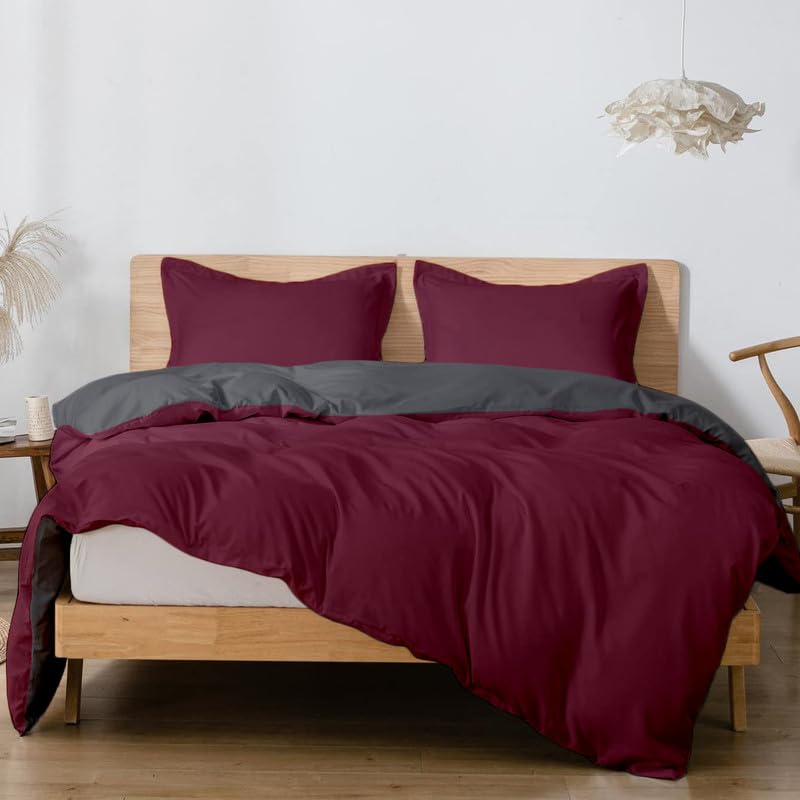 Filbert - King Duvet Cover Set | Soft Brushed Duvet Cover 3 Piece, Duvet Cover King Size with Zipper Closure | 1 Duvet Cover (92x106) inches with 2 Pillow Shams - Wine/Dark Grey-image-49