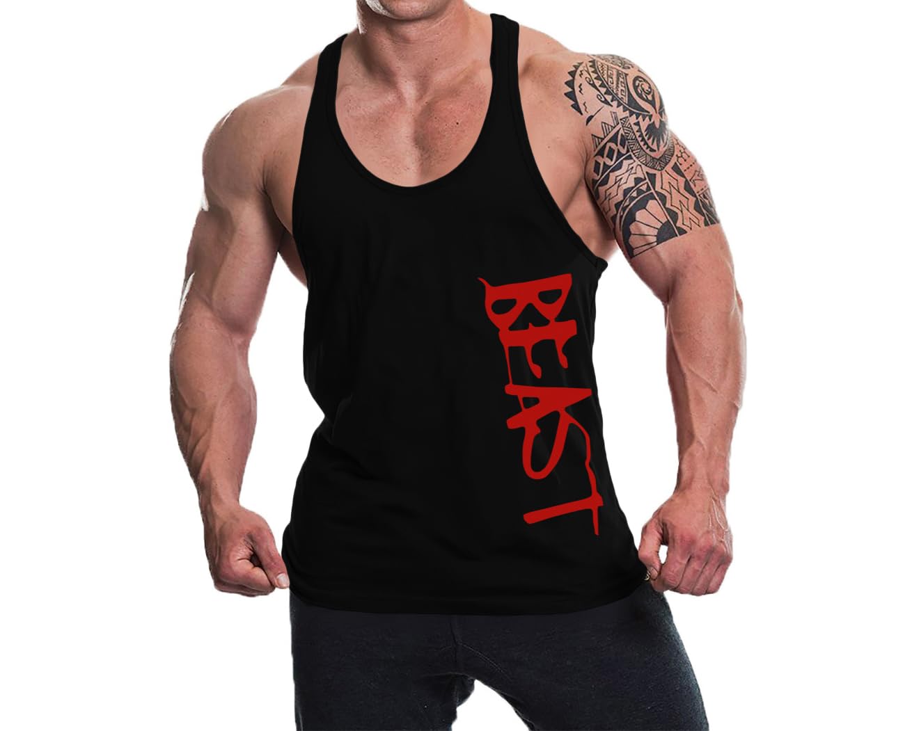 Men's Cotton Printed Sleeveless Racer Back Sports Gym Boxing Workout Activewear Bodybulding Quick Dry Fit Gym Vest Tank Top L61 Product_Code (Colour,Size)