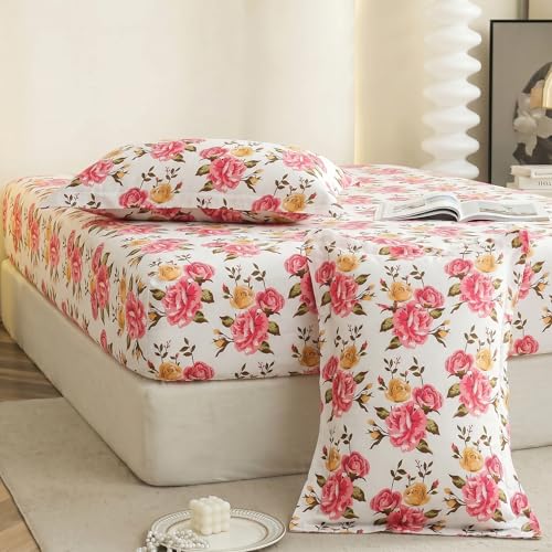 Image of IVAZA Ezyption Cotton Super Soft 240 TC Elastic Fitted All Around Elastic Printed King Size Double Bed Bedsheet with 2 Pillow Cover 72 inch X 78 inch3 Pink White