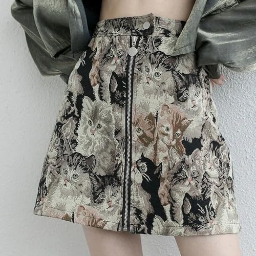 Dawery High Waist Hip A Line Skirt Retro Cat Embroidery Print Autumn Spring Outwear Zipper2