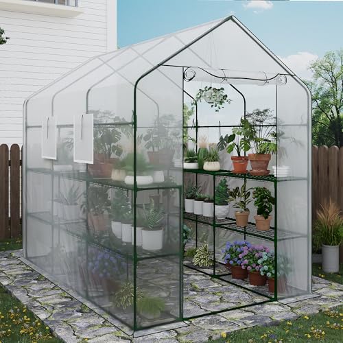 Greenhouse, 57 x 85 x 77'' Greenhouses for Outdoors, with Mesh Side Windows, PE Cover, 8 Shelves, Heavy Duty Walk in Green House for Backyard Garden Indoor, White& Green Outside by PeakPursuit - Image 7