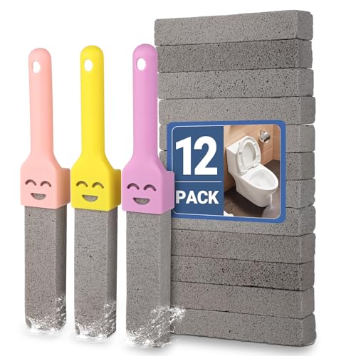 Paquete de 12 bloques de piedra pómez para inodoro con 3 mangos, piedra pómez limpiador de inodoro con mango, limpiador para inodoro para eliminar la cal de inodoros, lavabos y bañeras