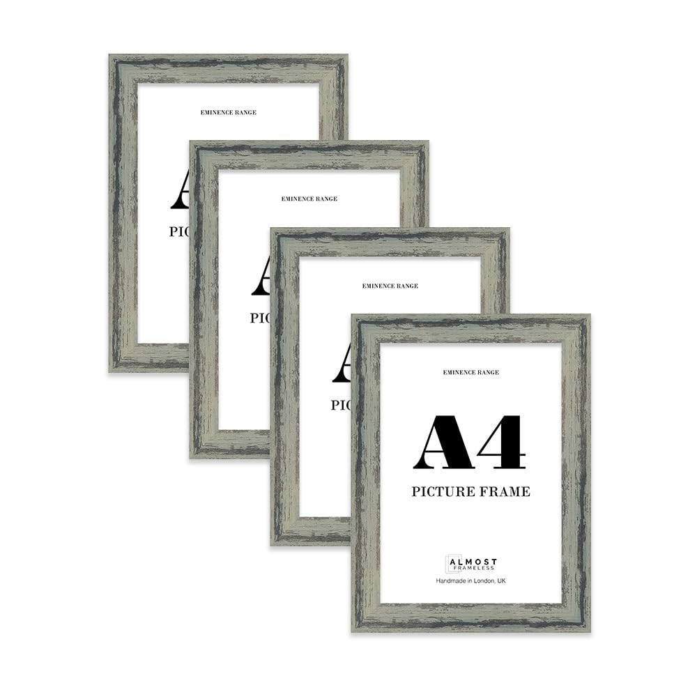 A4 Distressed Green Picture Frame - Rustic Wood Industrial Effect Photo Frame for Wall Display, Ideal for Posters, Prints & Home Décor, Wall Hooks and Kickstand, 32mm Edge - 4 Pack