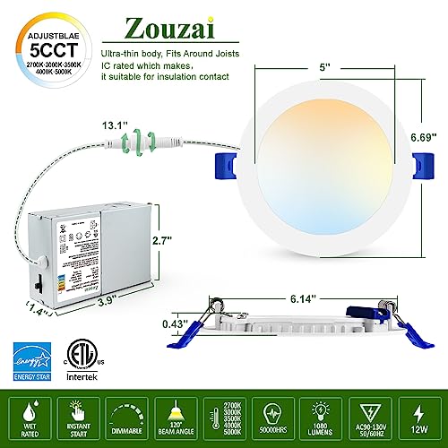 Zouzai 24 Pack 6 Inch Ultra-Thin Led Recessed Ceiling Light With Junction Box 5Cct Adjustable Dimmable Can-Killer Downlight - Etl And Energy Star Certified (24 Pack,5Cct, 6 Inch) #TOP3