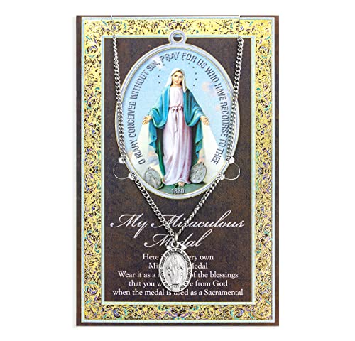 Pewter Mary Miraculous Medal on 18 inch Chain with Info Pamphlet and Prayer