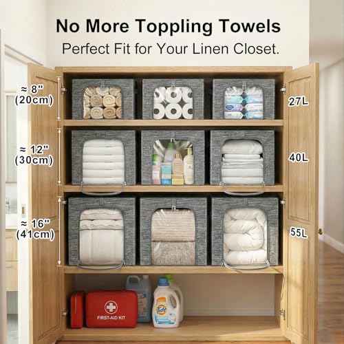 Image of GoMaihe Blanket Storage Bins with Metal Frame, 6-Pack Large Closet Storage Bins with Lid & Clear Window, Comforter Bedding Storage Organizer for Walk-in Closet Cationic Fabric 55L