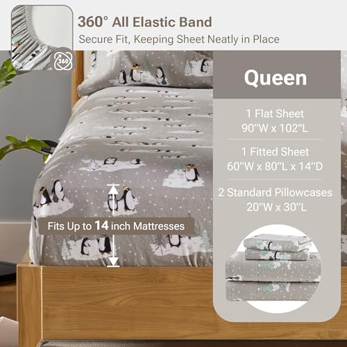 True North by Sleep Philosophy Cozy Flannel Warm 100% Cotton Sheet - Novelty Print Animals Stars Cute Ultra Soft Cold Weather Bedding Set, Queen, Grey Penguins