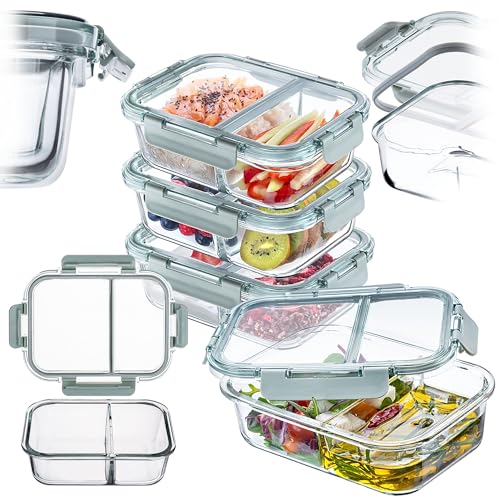 KADAX Fiambreras de cristal con compartimentos, juego de 1 L, recipientes de cristal con tapa hermética, cajas para preparar alimentos, recipientes de almacenamiento