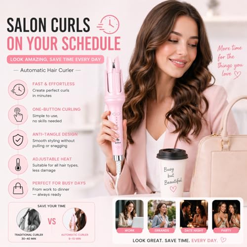 Image of Automatic Hair Curler, Rotating Curling Iron with Ceramic Barrel, Professional Curling Iron for Long Hair, Quick Heat Instant Auto Curler, Tangle-Free Hair Styling Tool for Women