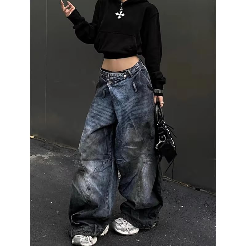 Unisex Fashion High Waist Straight Baggy Jeans for Women Vintage Gothic Leg Drawstring Y2K Scrawl Denim Pants3