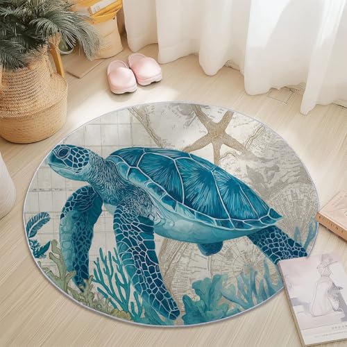 Genérico Alfombra Redonda Antideslizante 90 cm, Vintage Vida Marina Tortugas Tema Alfombra Redonda para Dormitorio Habitación De Los Niños, Lavable Franela Alfombras Decorativa Azul