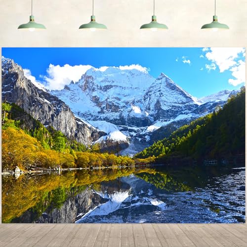 6x4ft Mountain Backdrop Natural Landscape Snow Mountain Lake Green Trees Forest Photography Background Adventure Themed Party Decorations Kids Adults Outdoor Portraits Photo Studio Props