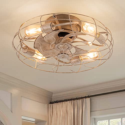 DIDER 21'' Low Profile Caged Ceiling Fan with Lights Remote Control, Include Bulbs, White Bladeless Ceiling Fan Indoor for Kitchen, Bedroom Fan, Small Modern Industrial Ceiling Light Fixture