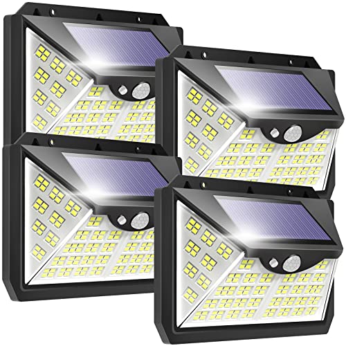 KHTO 188 LED Solar Lights Outdoor Motion Sensor -4 Working Modes IP65 Waterproof Bright Security Lights with Wide Angle for Fence Post,Yard， Patio Garden (4Pack)