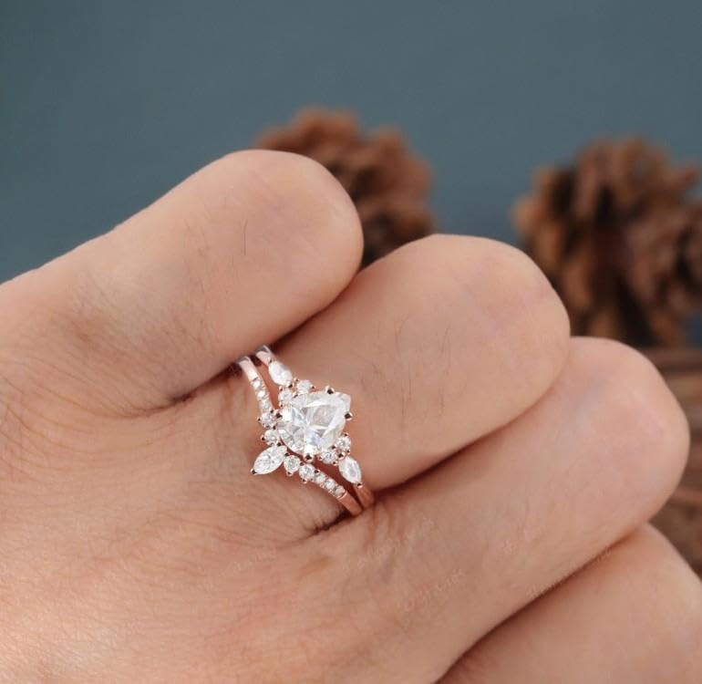 Elegant pear shape white diamond engagement ring set 2 pcs anniversary ring set 14k rose gold ring unique womens ring bridal set3