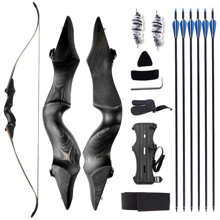 Black Hunter Recurve Bow 60 Right-Handed Bow Ergonomically Designed for Comfortable Grip Suitable for Beginners and Longbow Enthusiasts to Train Or Hunt (50LB Bow Belt Arrow Set)