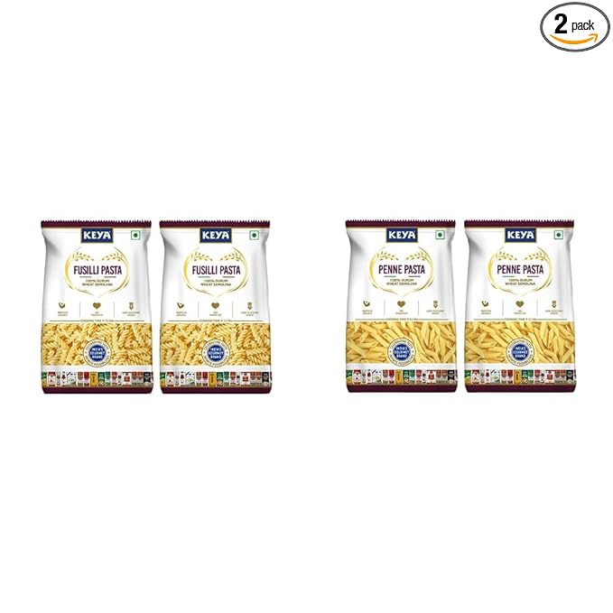 Keya 100% Durum Wheat Fusilli Pasta 400 gm, Pack 2 & Keya 100% Durum Wheat Penne Pasta 400gm, Pack 2