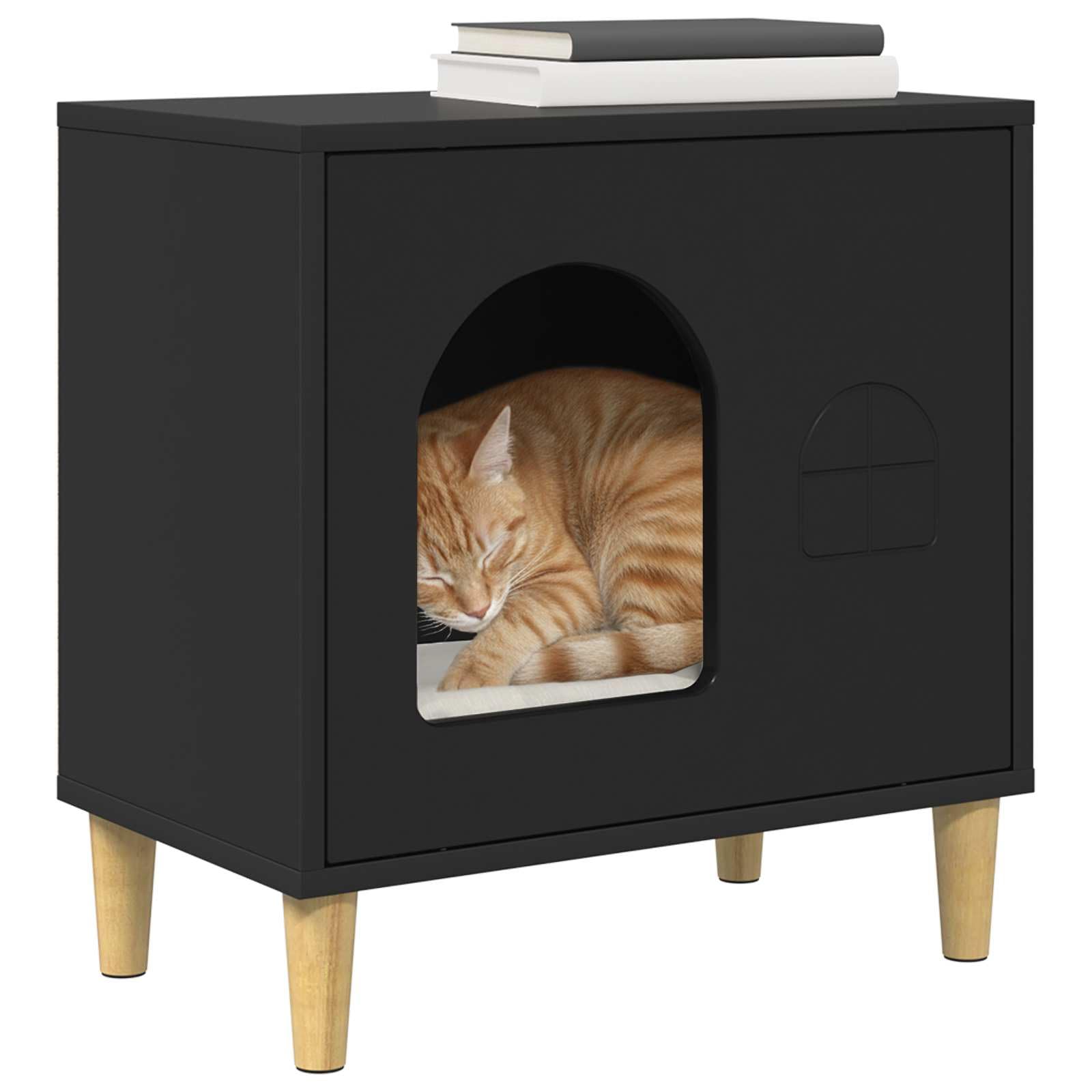 Katzenhaus Indoor 51 x 30 x 52 cm Katzenhöhle Schwarz | Stabile Katzenhöhle aus Holzwerkstoff für das Wohnzimmer - moderner Rückzugsort und Katzenmöbel für drinnen.