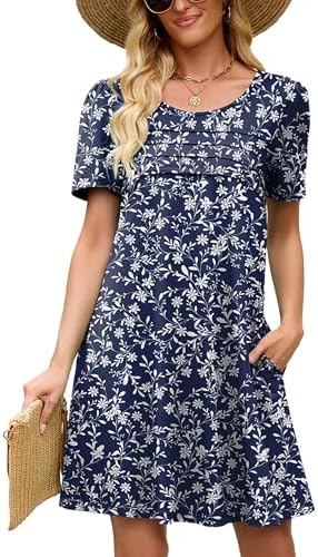 Heymoments Women's Short Sleeve Crewneck Sundress Summer Casual A-Line Beach Dress with Pockets S-2XL