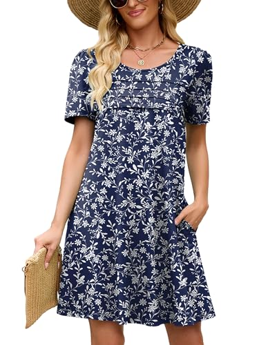 Heymoments Women's Short Sleeve Dress Floral Print XX-Large Plus Size Crewneck Casual Flowy Above Knee Length Sundress Comfortable Shirt Work Summer Cheap Dresses with Pockets