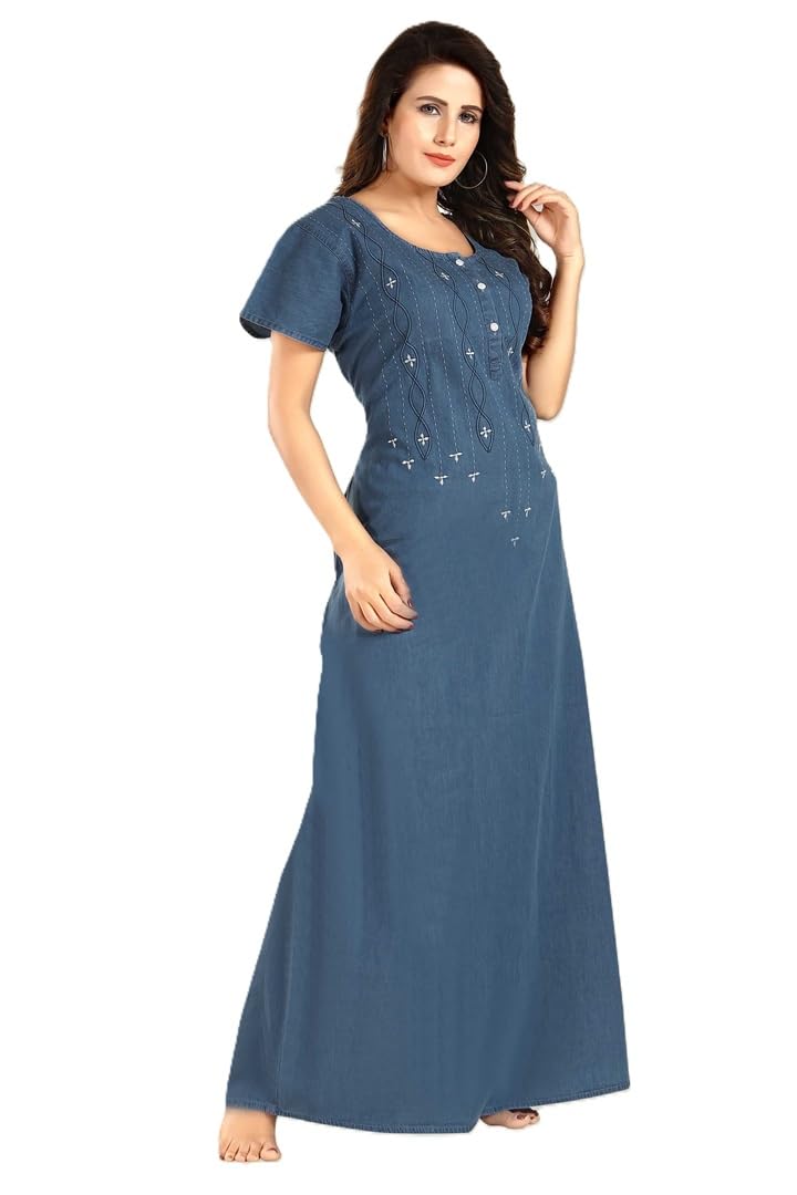 rikasa Nighty for Women | Denim Nighty for Women | Maxi Dress for Women 100% Cotton Soft Denim | Embroidered Neckline | Side Pockets | Short Sleeve Light Blue 7-picture-33