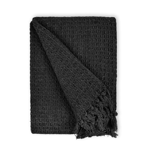 Mehar Bedding 100% Cotton Woven Honeycomb Plain Waffle Textured Chair Sofa Setee Bed Throw Tasselled Edge (BLACK, Single (178cms x 254cms))