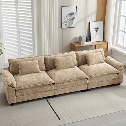Image of Oprisen 120 inch Modular Sectional Sofa, Comfy Cloud Couch Sectional, Chenille Sofa Sleeper Deep Seat Sofa with Throw Pillows for Living Room (Khaki, 120 inch- 3 Seater)