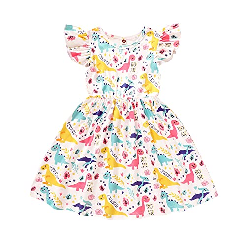 HAPPYMA Toddler Baby Girl Summer Dress Dinosaur Flutter Sleeve Dresses Outfits for Baby Girl Sundress Skirts Clothes (Yellow Dinosaur Dress, 2-3T)