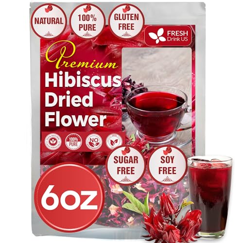 Image of FreshDrinkUS, 6oz Hibiscus Dried Flowers, 100% Natural, Pure from Hibiscus Flowers. Loose Flower Hibiscus Herbal Tea. Hibiscus Flower Tea. No Sugar, No Caffeine, No Gluten, Vegan.