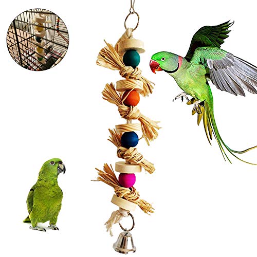 strimusimak Pet Bird Parrot Hanging Chew Toy Wooden Beads Bell Straw Cotton Rope Parrot Cage Swing Hanging Chew Toy for Birds Pets Random Color