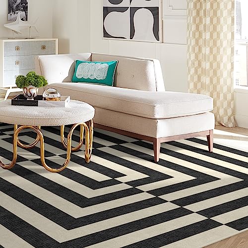 RUGGABLE x Jonathan Adler Machine Washable Modern Area Rug – Op Art Charcoal 8x10, Stain-Resistant, Non-Slip with Cushioned Pad – Large Rugs for Living Room, Bedroom, Hallway, Entryway & Office