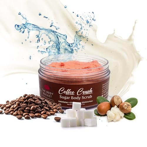 Image of The Body Bucket Coffee Crush Sugar Body Scrub- 200g | Included Free Bath Bomb | 3-in-1 Exfoliator, Cleanser, Moisturizer | De-Tan & Brightens Dark Areas | Smooths Strawberry Legs & Arms | Sulfate & Paraben Free