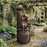 KOMHTOM Fontaine de Jardin, Cascade Exterieur avec LED, 5 Niveaux Pichets Rustiques, Aspect Pierre Naturelle en Resine, Pompe a Eau Incluse, pour Terrasse Balcon Cour