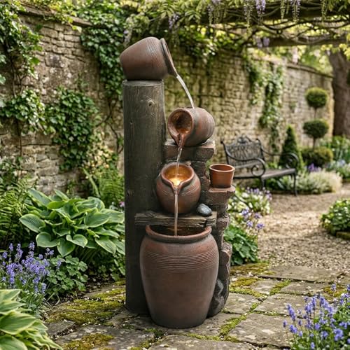 KOMHTOM Fontaine de Jardin, Cascade Exterieur avec LED, 5 Niveaux Pichets Rustiques, Aspect Pierre...