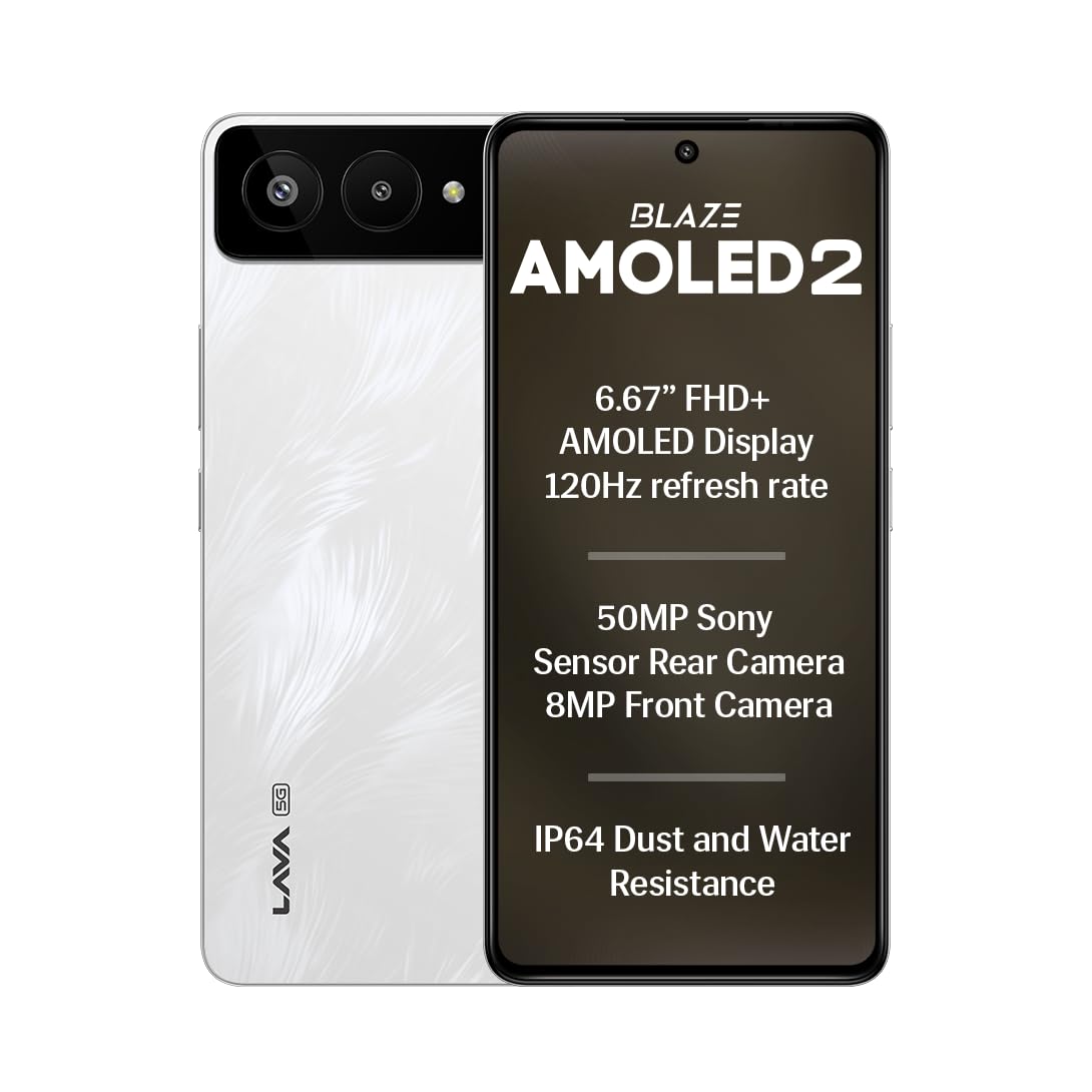 Lava Blaze AMOLED 2 5G (Feather White, 6 GB RAM, 128 GB Storage) | 6.67″ FHD+ AMOLED Display | MTK D7060 Processor | 50 MP Front Camera | LPDDR5 UFS 3.1 ROM | 5000 mAh | 33W Fast Charging