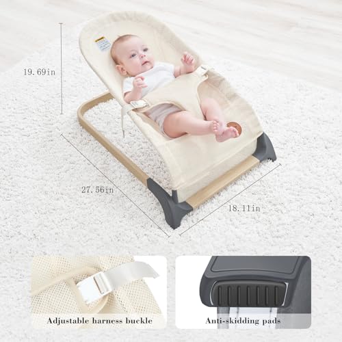 Image of ANGELBLISS Baby Bouncer, Portable Bouncer Seat for Babies, Infants Bouncy Seat with Mesh Fabric, Natural Vibrations (Beige)