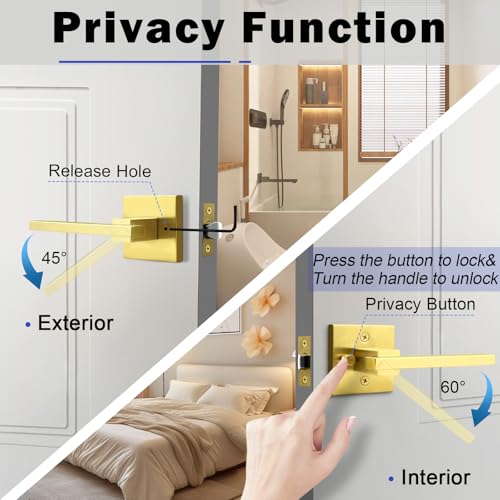 Image of Orger 5 Pack Gold Privacy Door Handles Square Keyless Door Lever, Interior Door Handle for Bathroom and Bedroom, Modern Door Handle Sets Stainless Steel