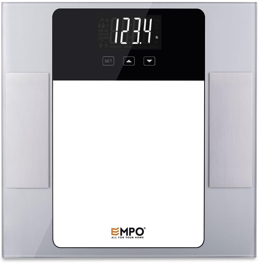 EMPO Body Fat Bathroom Scale with Tempered Glass - High Accuracy MemoryTrack Digital Scale - Measure weight, body fat, hydration, muscle, bone mass, and daily demand of calories - Silver